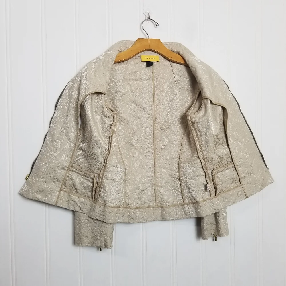 St John Evening Jacket Size 4 Champagne Metallic Brocade Gold Zip Blazer Elegant